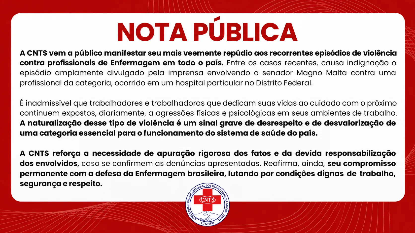 CNTS vem a público manifestar