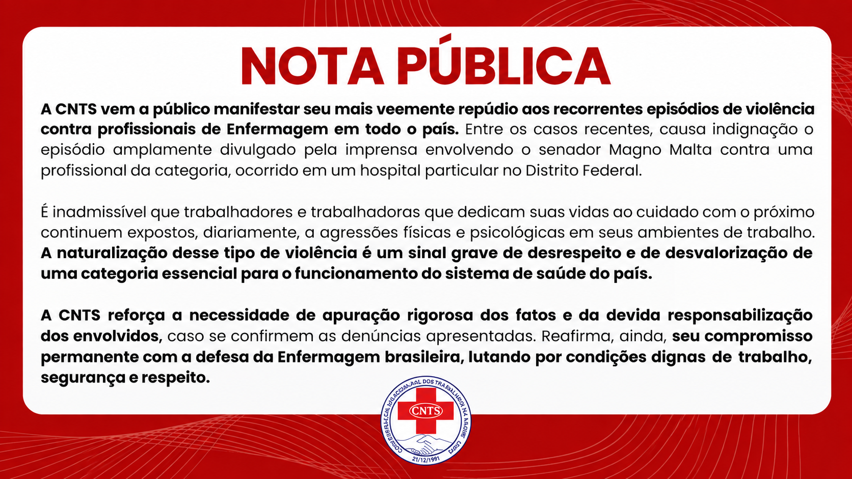 CNTS vem a público manifestar